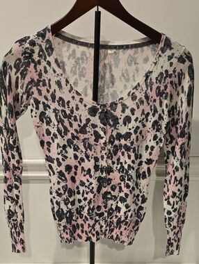 Guess Women's Cardigan Small Y2K Pink and Black Animal Print Button-Up